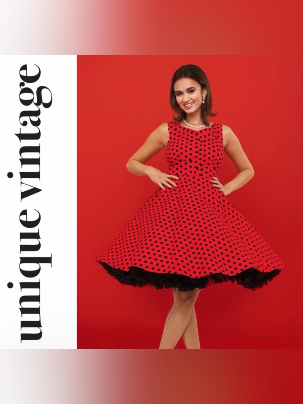 Unique Vintage Orchid Bloom 1950s Red & Black Polka Dot Fit & Flare Swing Dress